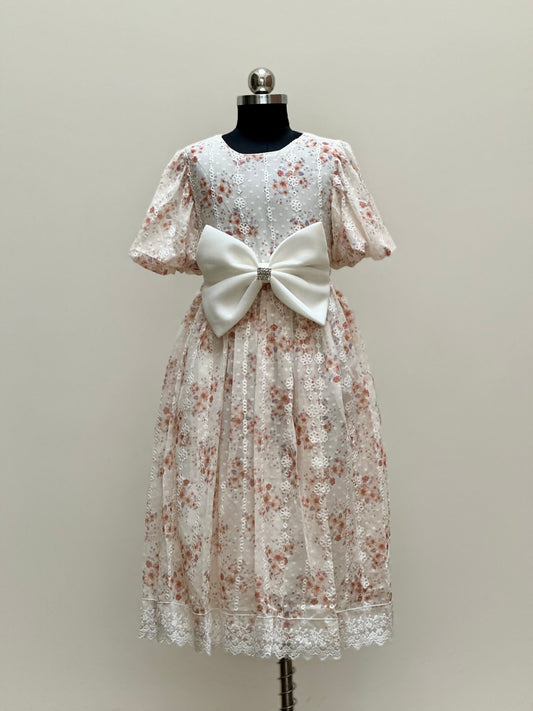 Pink and Beige Frock with Puff Sleeves and Lace Trim
