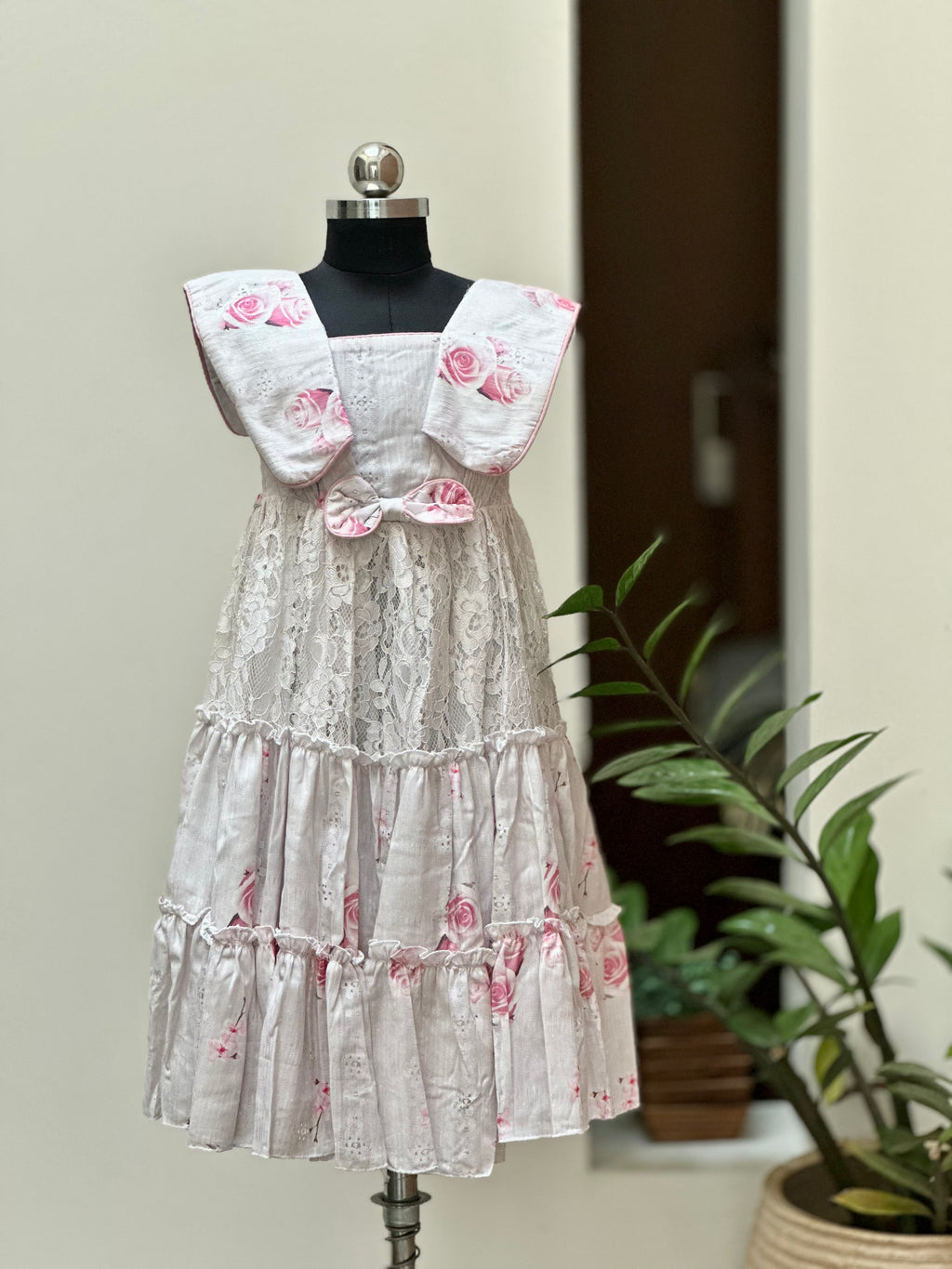 Girl's Party Wear Frock in Floral Print and Lace