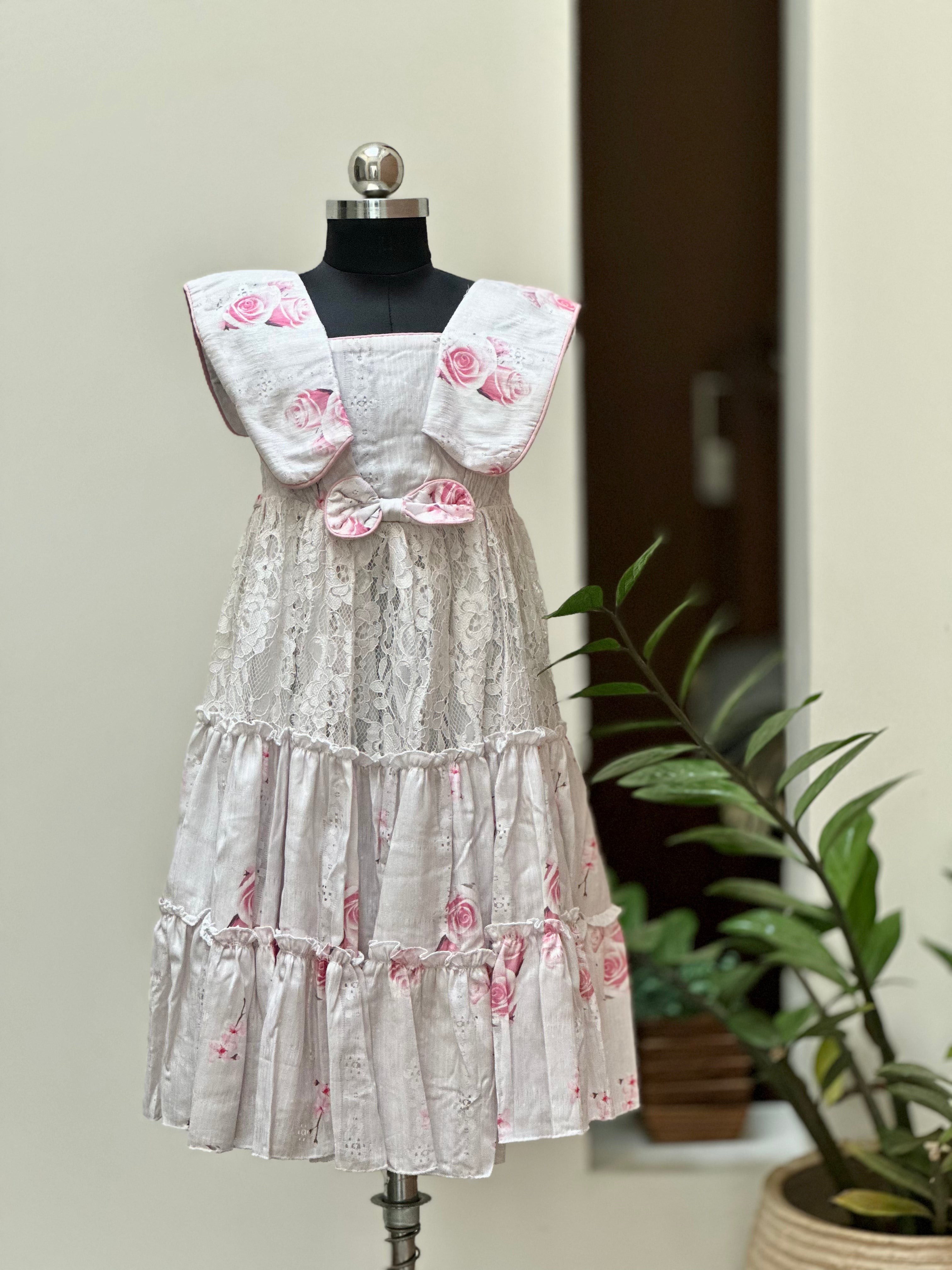 Girl's Party Wear Frock in Floral Print and Lace
