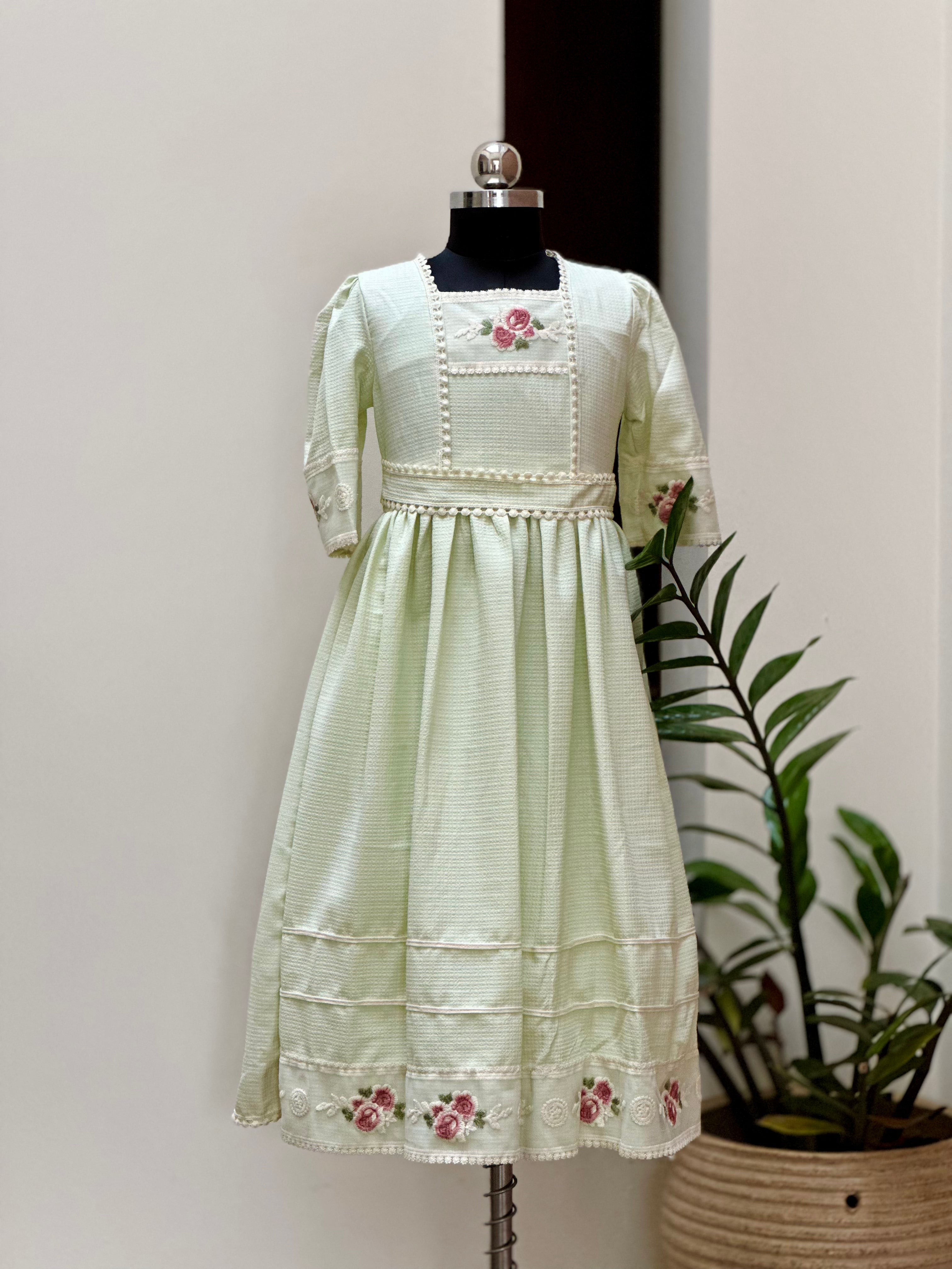 Pastel Green and Beige Frock with Floral Embroidery