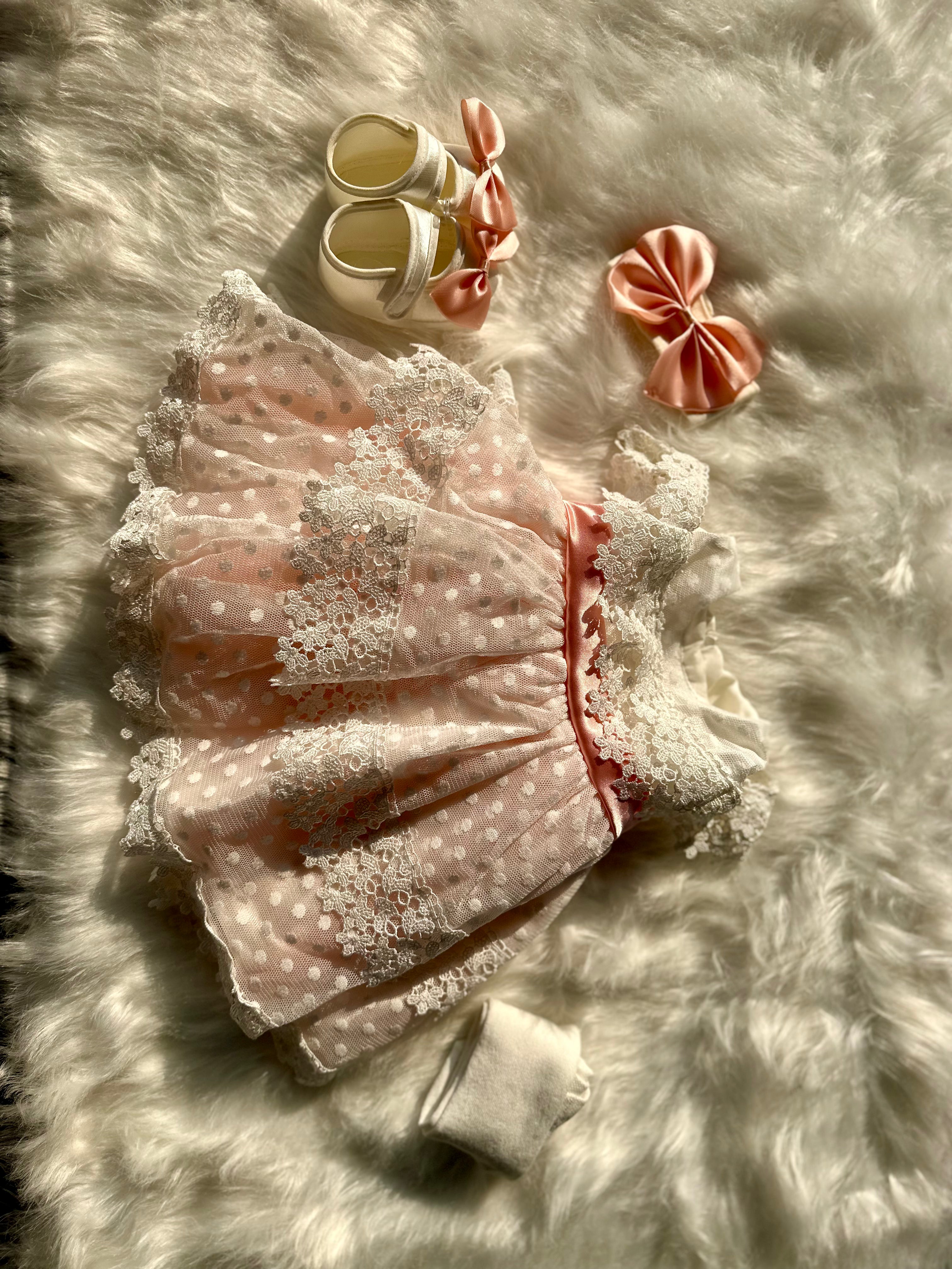 Newborn Party Wear Frock with Headband, Stockings and Shoes