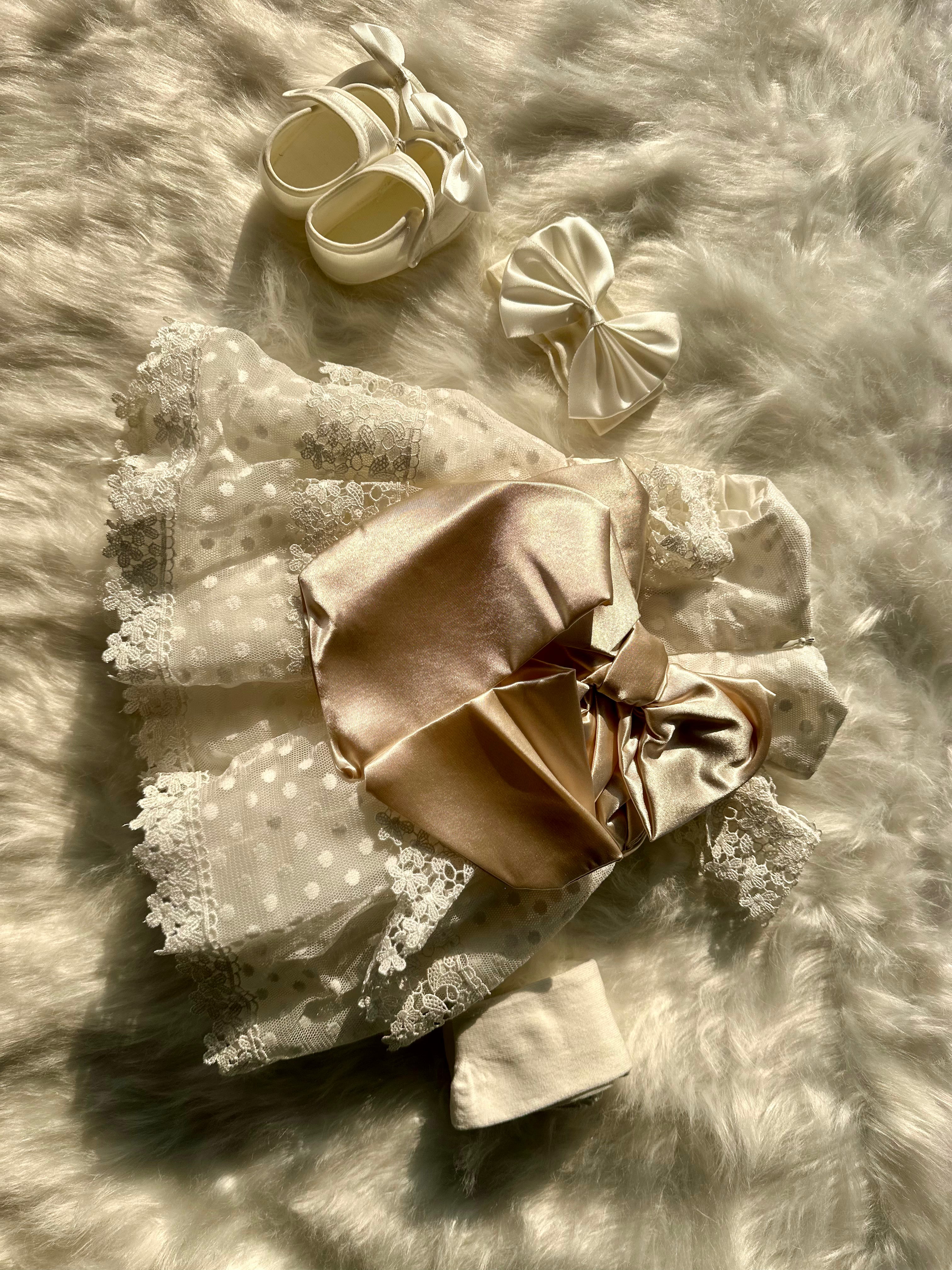 Newborn Party Wear Frock with Headband, Stockings and Shoes