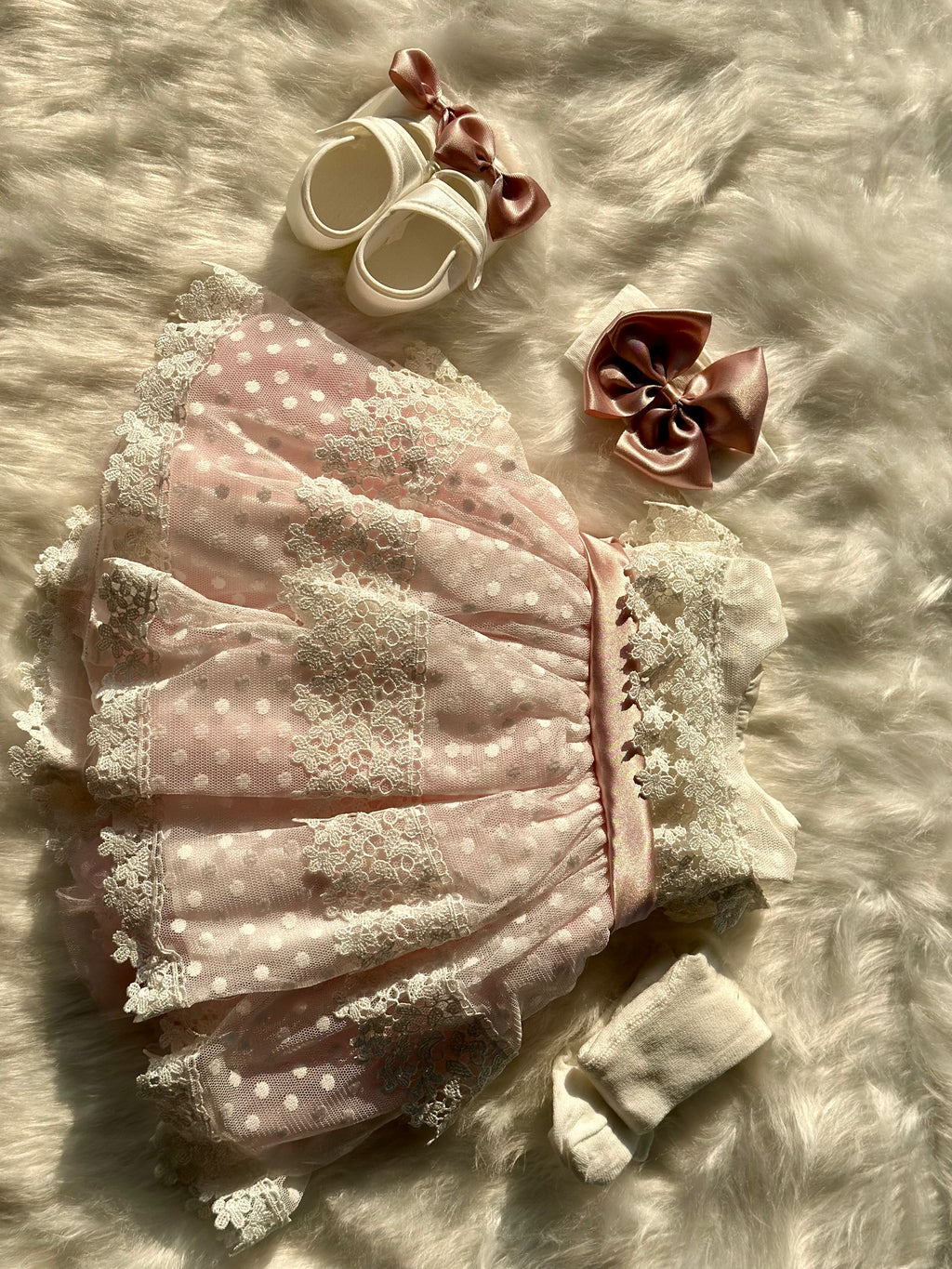 Newborn Party Wear Frock with Headband, Stockings and Shoes
