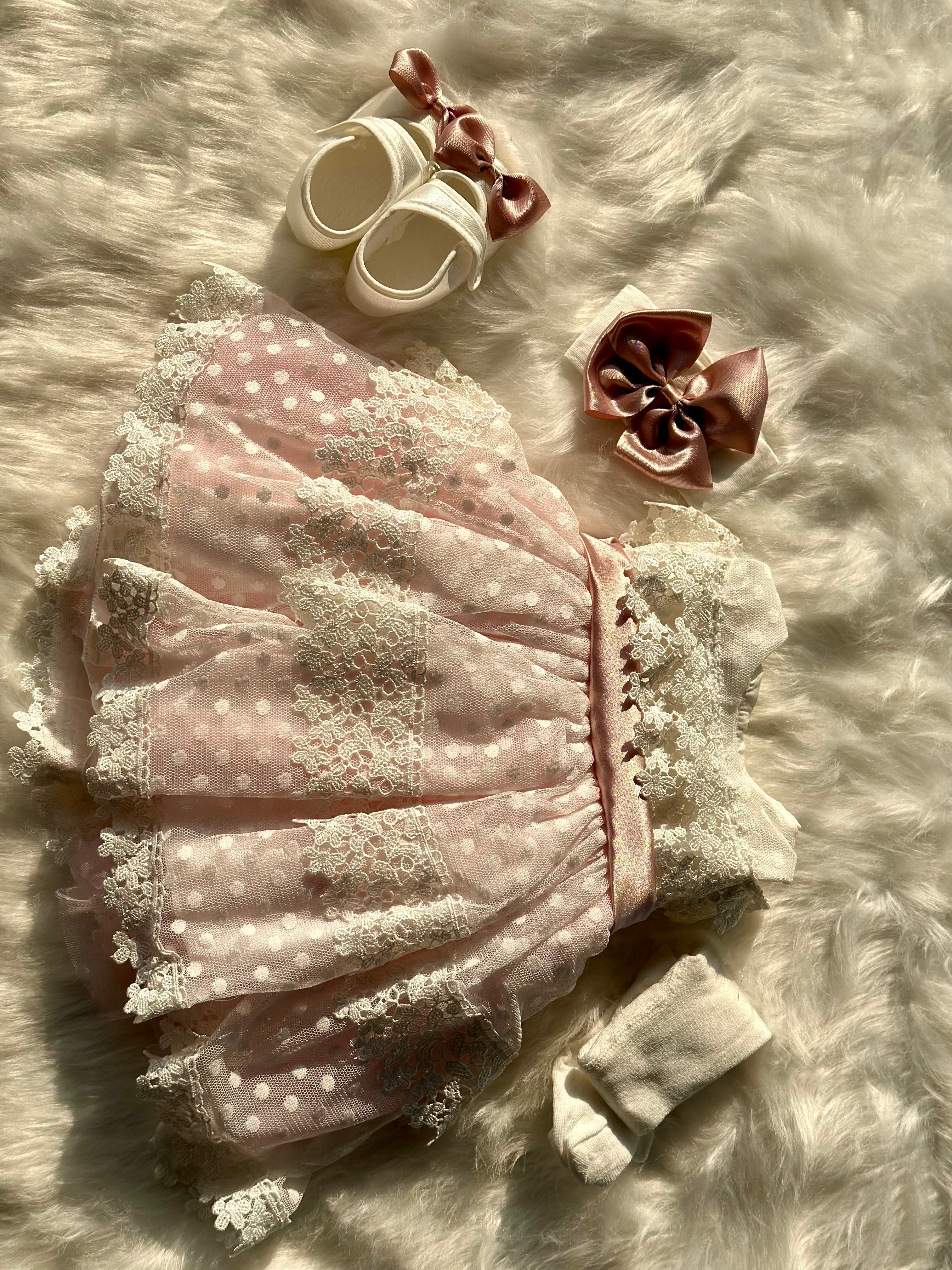 Newborn Party Wear Frock with Headband, Stockings and Shoes
