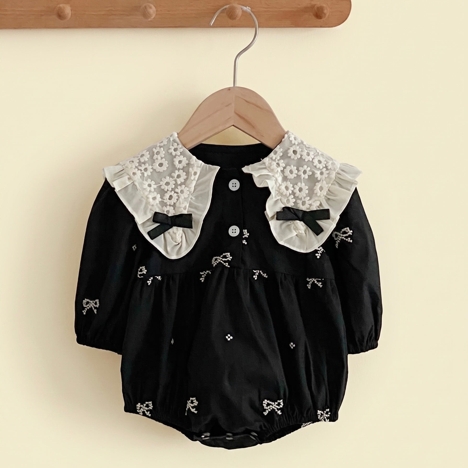 Black Baby Romper with Lace Collar & Bow Details | Premium Baby Partywear