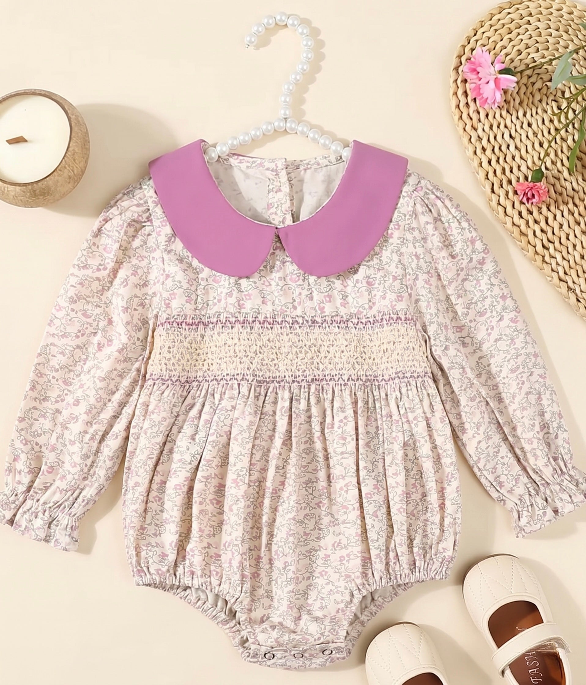 Floral Long Sleeve Baby Girl Romper with Peter Pan Collar