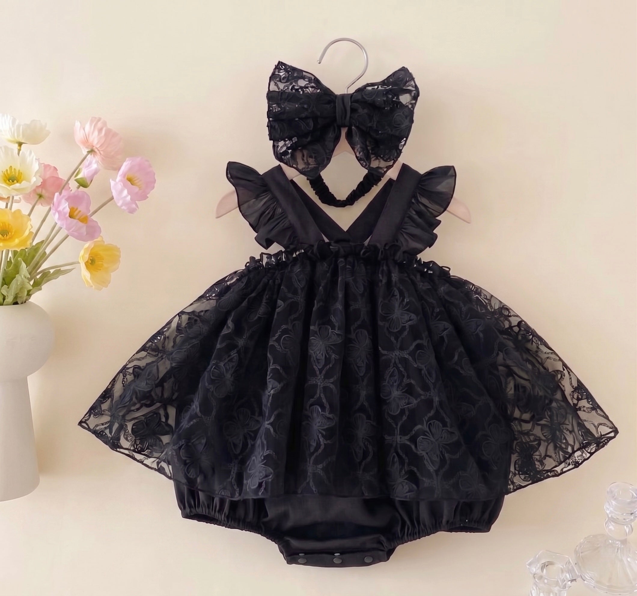 Elegant Black Lace Party Dress for Baby Girls with Bow Headband