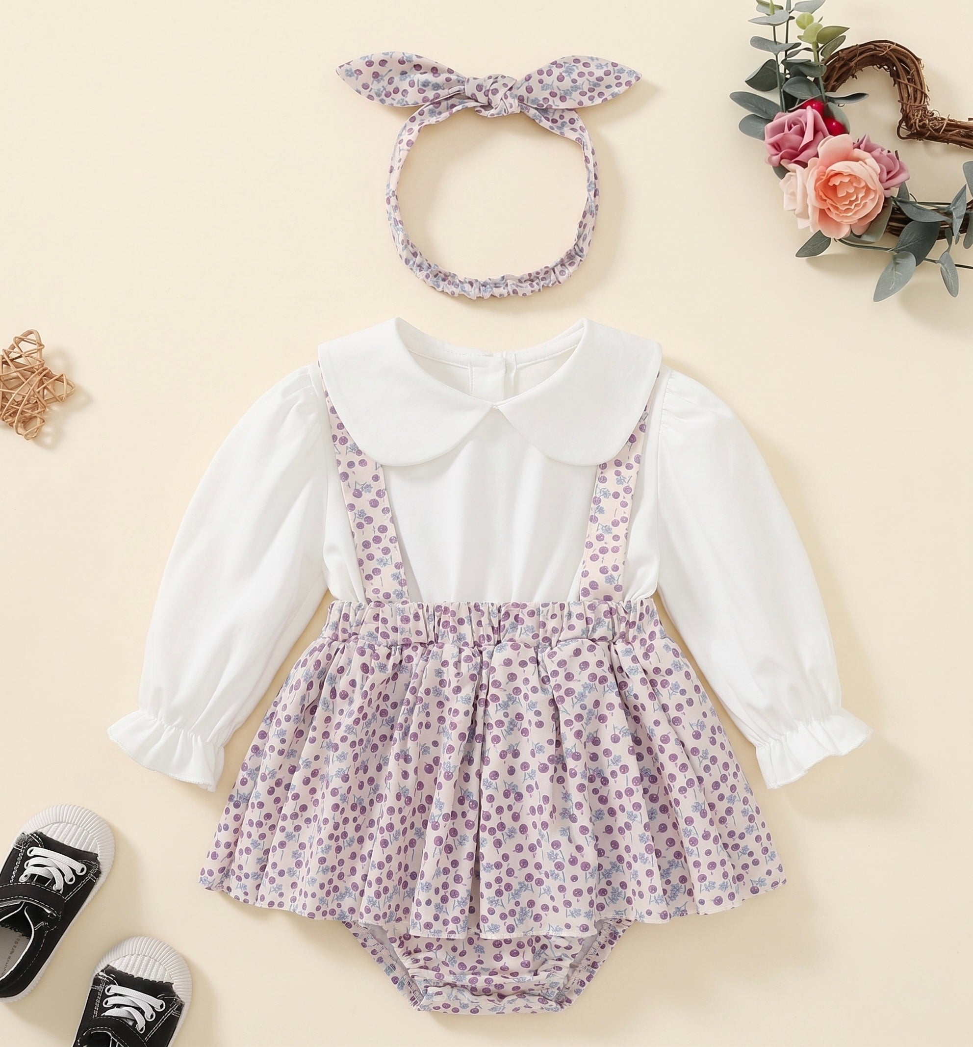 Floral Suspender Baby Romper Set with Headband | Premium Baby Girl Partywear