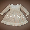 Scallop collar vintage frock with embroidery detail on the neck and lower part of the sleeve, bow on the back waist