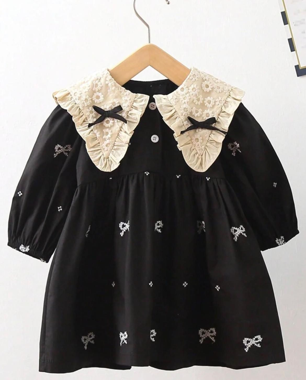 Black Embroidered Baby Girl Party Dress with Lace Collar