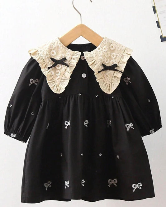 Black Embroidered Baby Girl Party Dress with Lace Collar