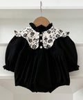Black Baby Romper with Floral Lace Collar | Premium Baby Girl Partywear