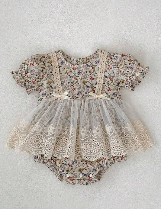 Vintage Floral Lace Baby Girl Romper Dress with Net Skirt | Cute Toddler Party Outfit
