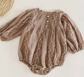 Brown Embroidered Baby Romper with Long Sleeves | Premium Baby Girl Occasion Wear