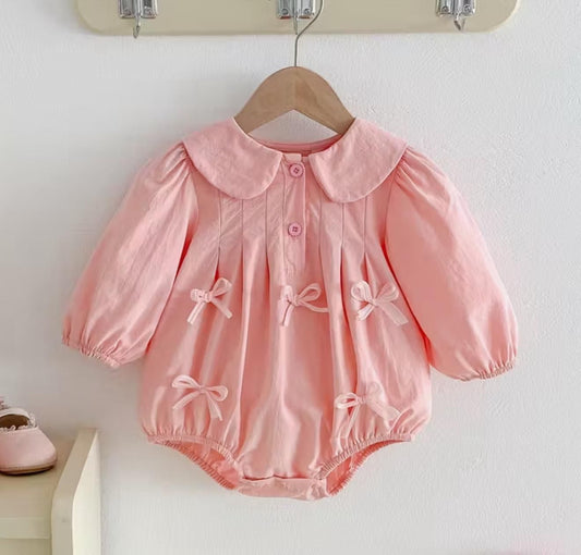 Pink Bow Baby Girl Romper – Cotton Long Sleeve