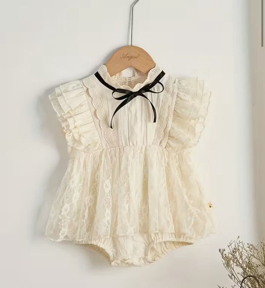 Lace Ruffle Baby Girl Romper with Bow – Infant Dressy Outfit