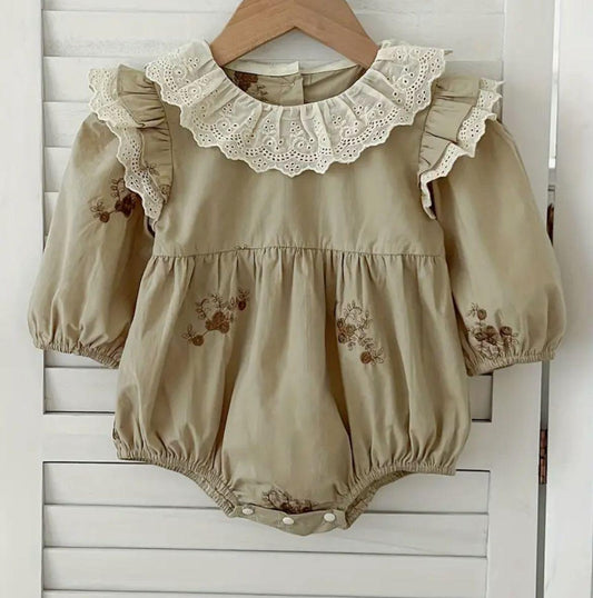 Beige Embroidered Baby Romper with Lace Collar | Premium Baby Girl Occasion Wear