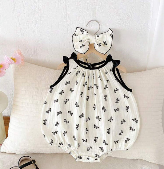 Baby Girl Bow Cotton Romper with Headband Set