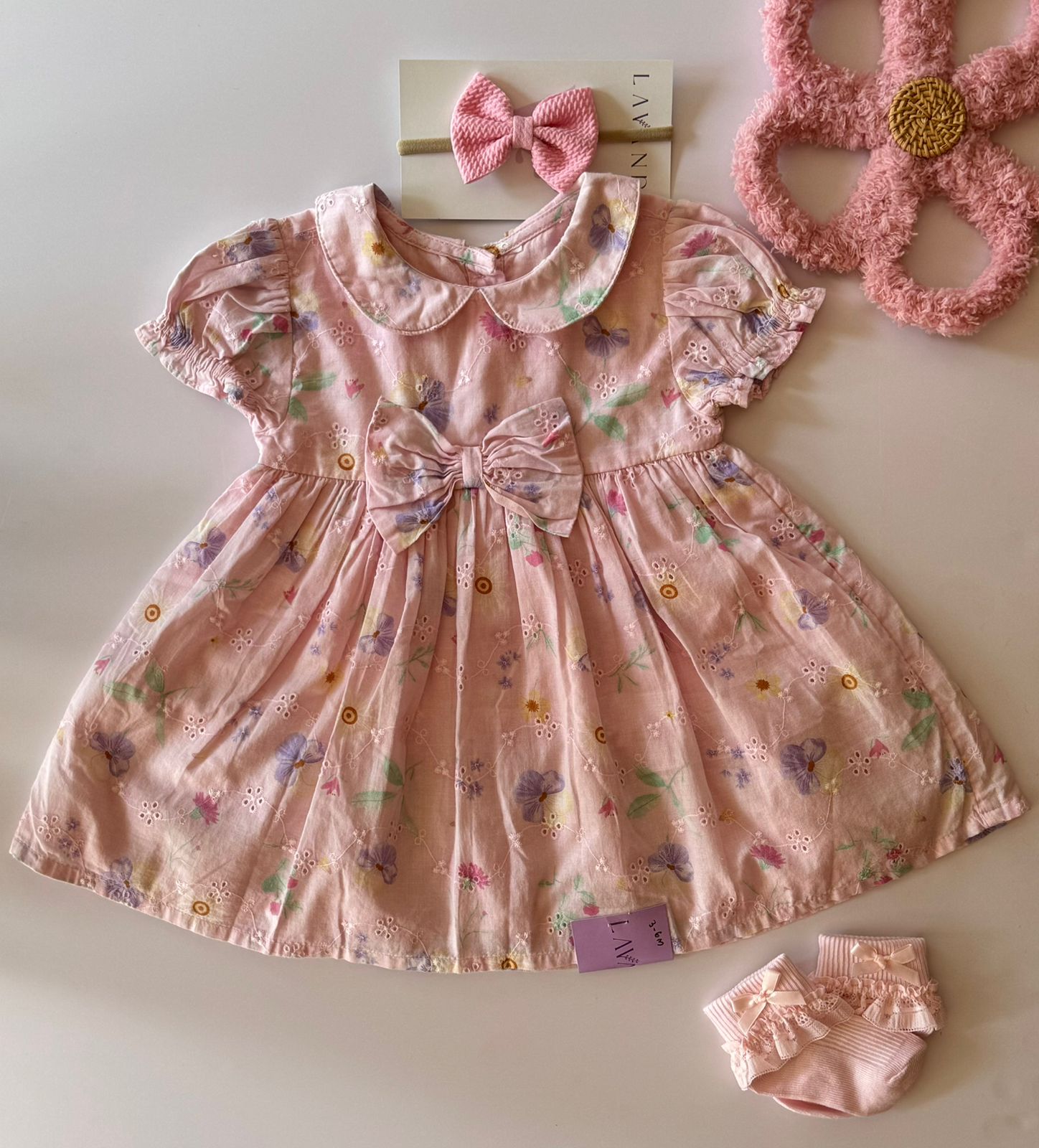 Pink Floral Baby Girl Dress with Bow – Newborn to 24M