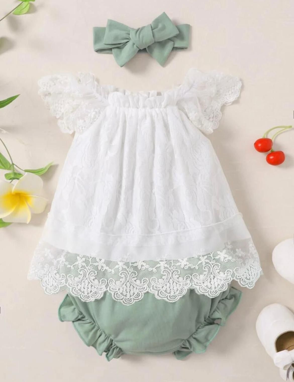 Baby Girl Lace Dress Set with Bloomers & Bow
