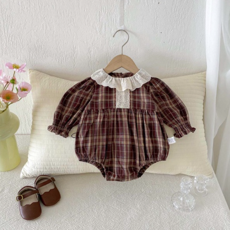Plaid Ruffle Collar Baby Girl Romper