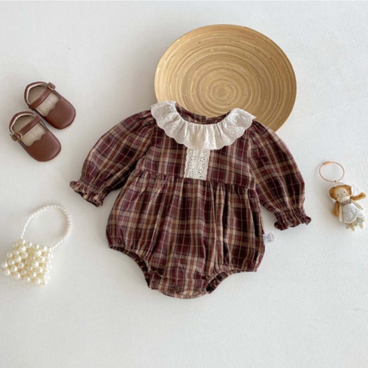 Plaid Ruffle Collar Baby Girl Romper