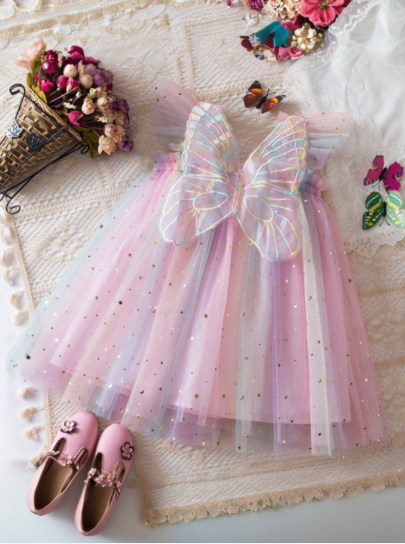 Pastel Rainbow Tulle Baby Party Dress with Butterfly Bow | Premium Baby Girl Occasion Wear