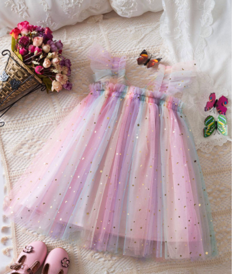 Pastel Rainbow Tulle Baby Party Dress with Butterfly Bow | Premium Baby Girl Occasion Wear
