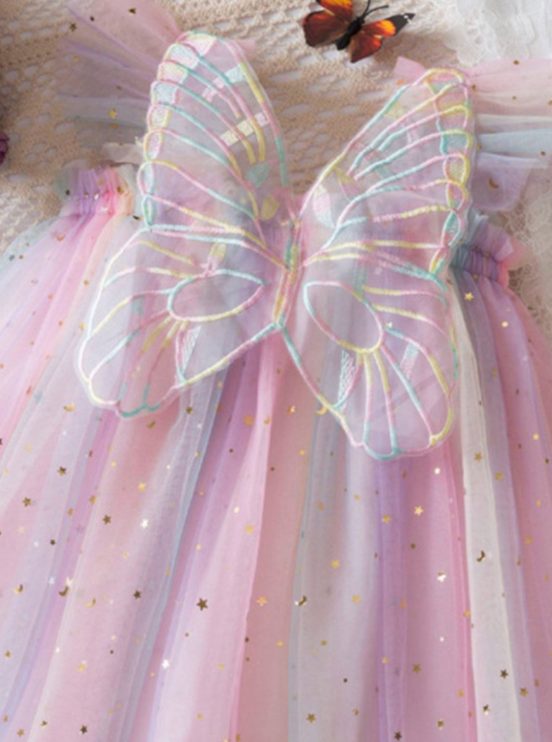 Pastel Rainbow Tulle Baby Party Dress with Butterfly Bow | Premium Baby Girl Occasion Wear