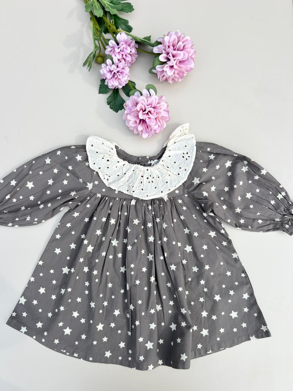 Charcoal Star Print Eyelet Collar Dress