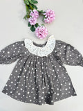 Charcoal Star Print Eyelet Collar Dress