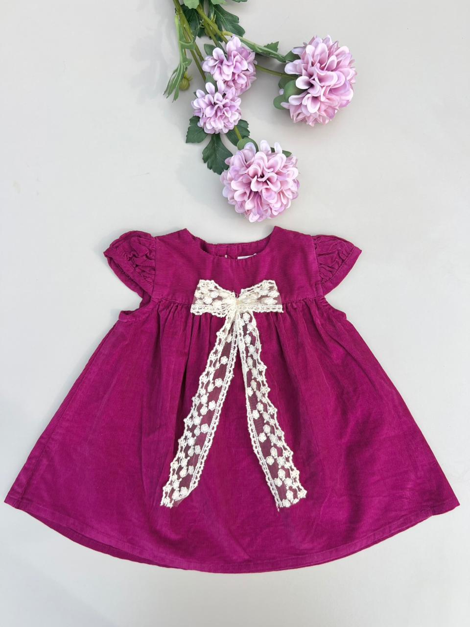 Vintage Plum Corduroy Baby Dress with Oversized Lace Bow Accent