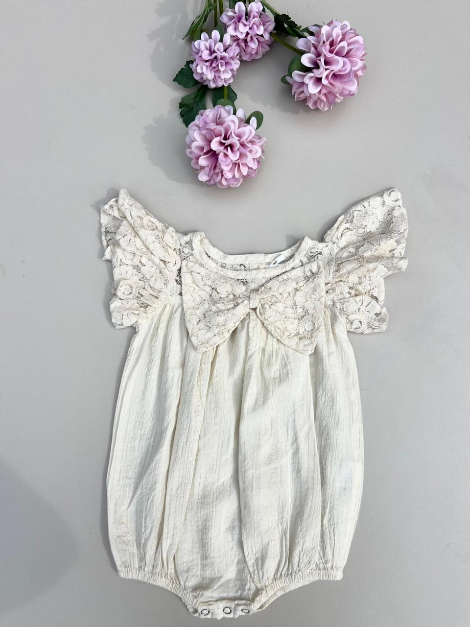Cream Textured Lace Bow Romper