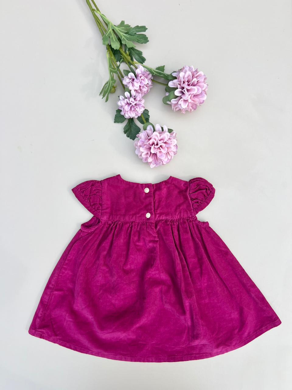 Vintage Plum Corduroy Baby Dress with Oversized Lace Bow Accent