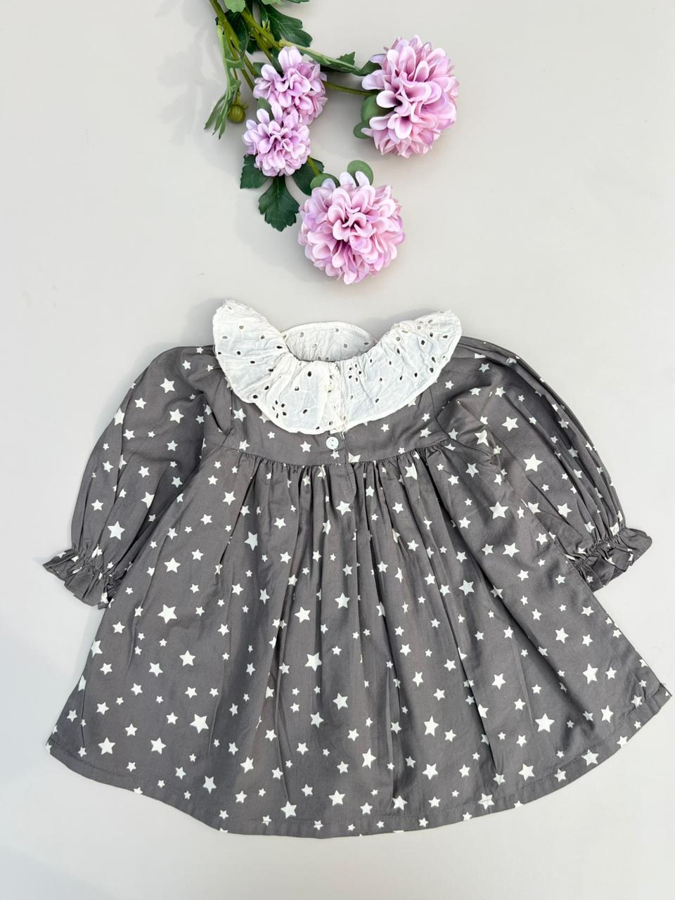 Charcoal Star Print Eyelet Collar Dress