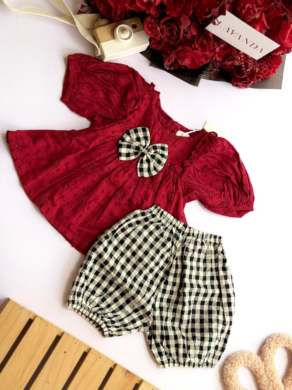 Crimson Eyelet Gingham Bow Bloomer Set