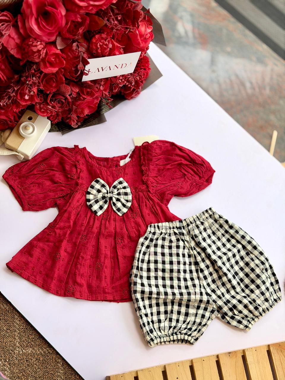 Crimson Eyelet Gingham Bow Bloomer Set