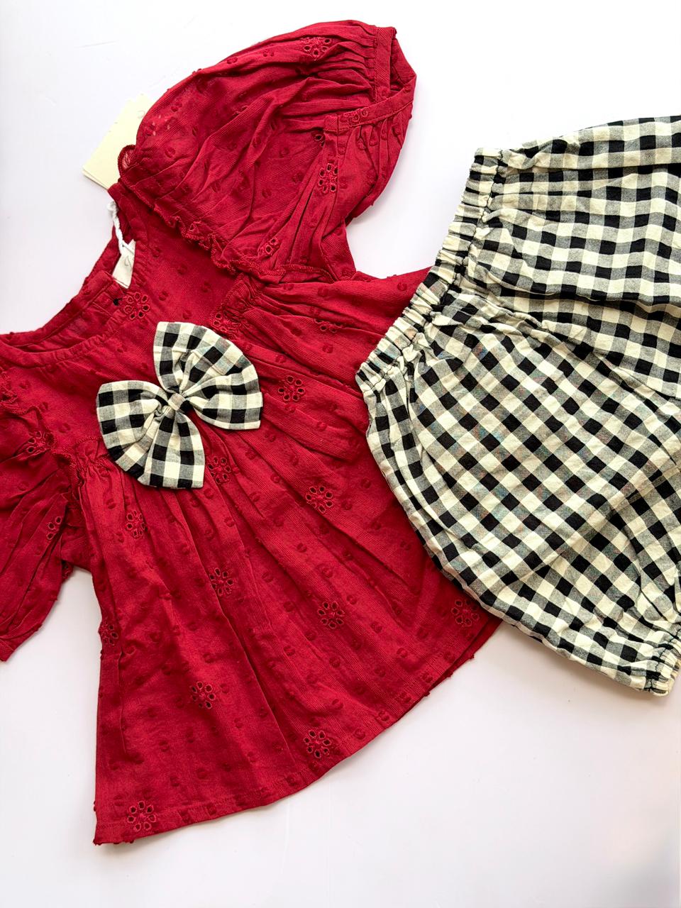 Crimson Eyelet Gingham Bow Bloomer Set