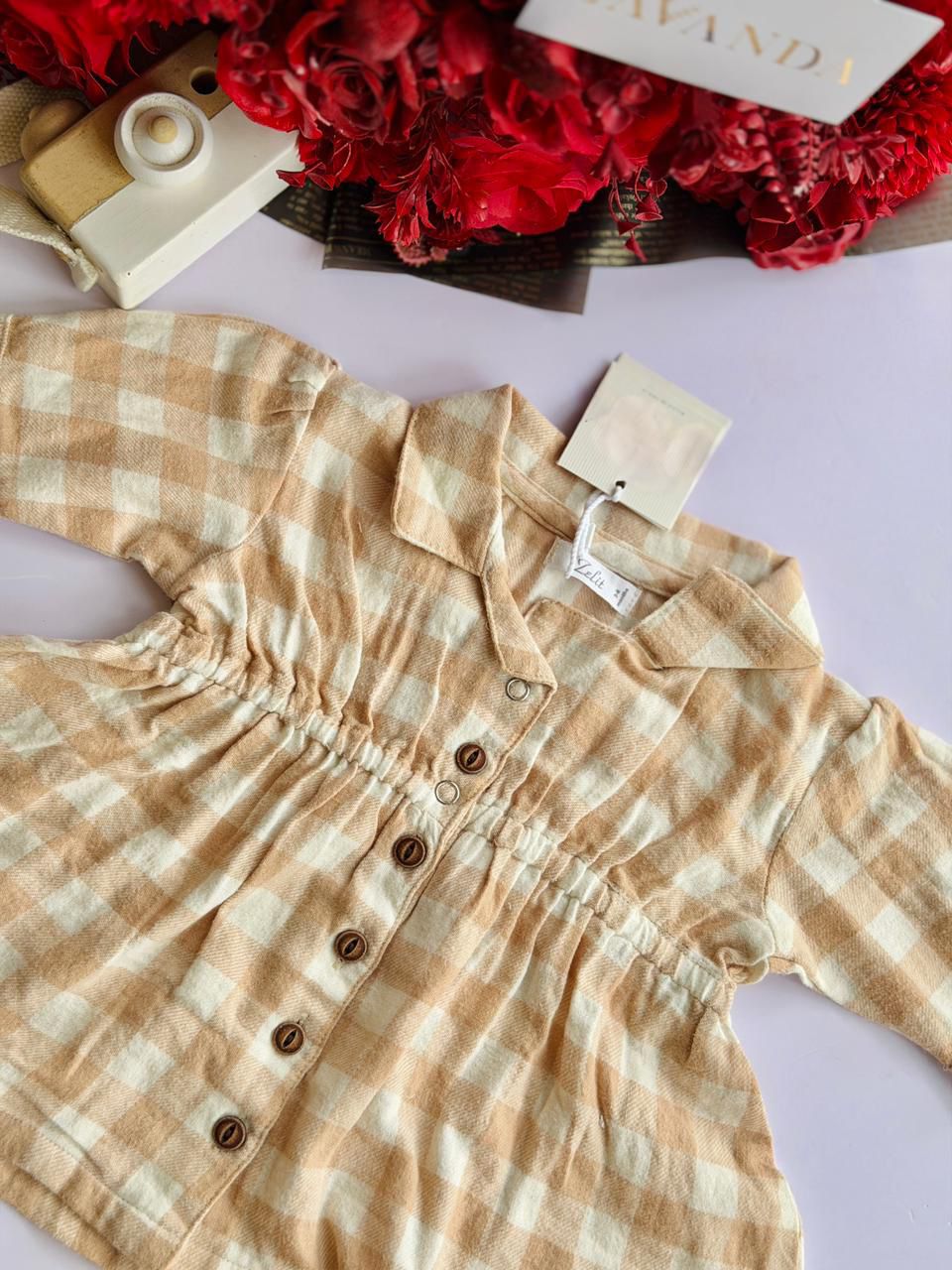 Warm Oatmeal Gingham Ruched Dress