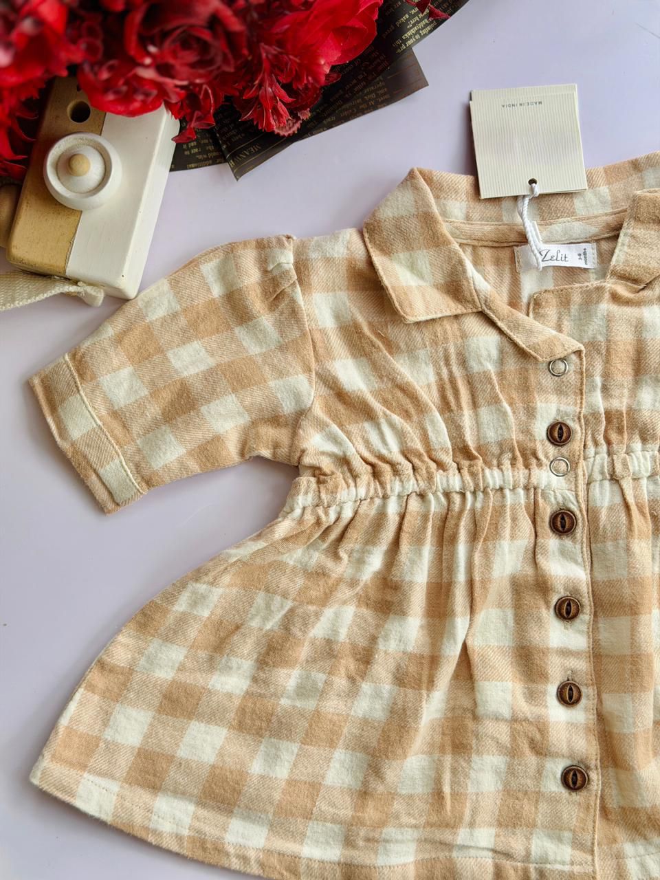 Warm Oatmeal Gingham Ruched Dress