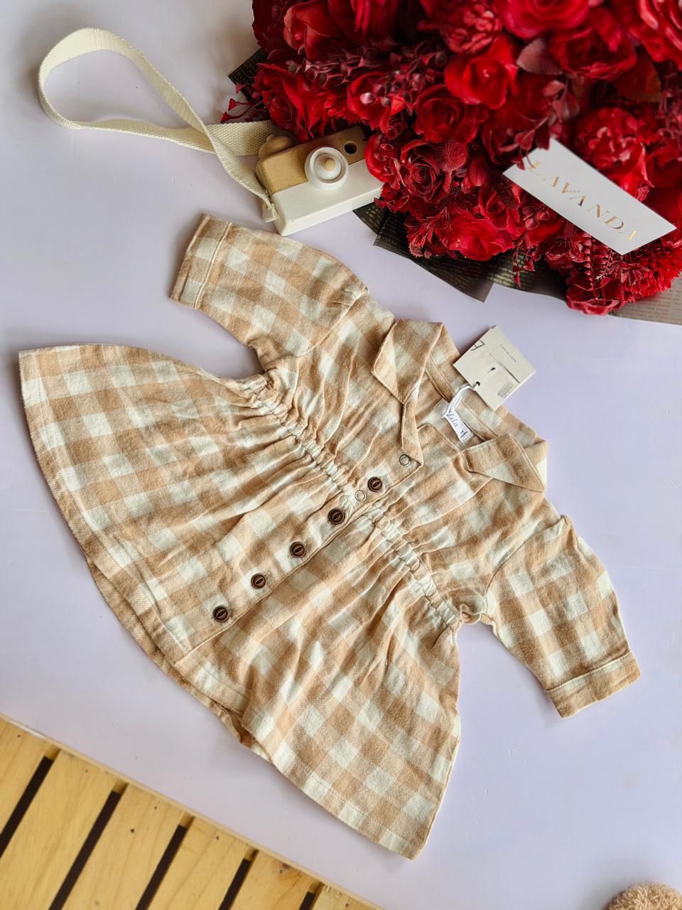 Warm Oatmeal Gingham Ruched Dress