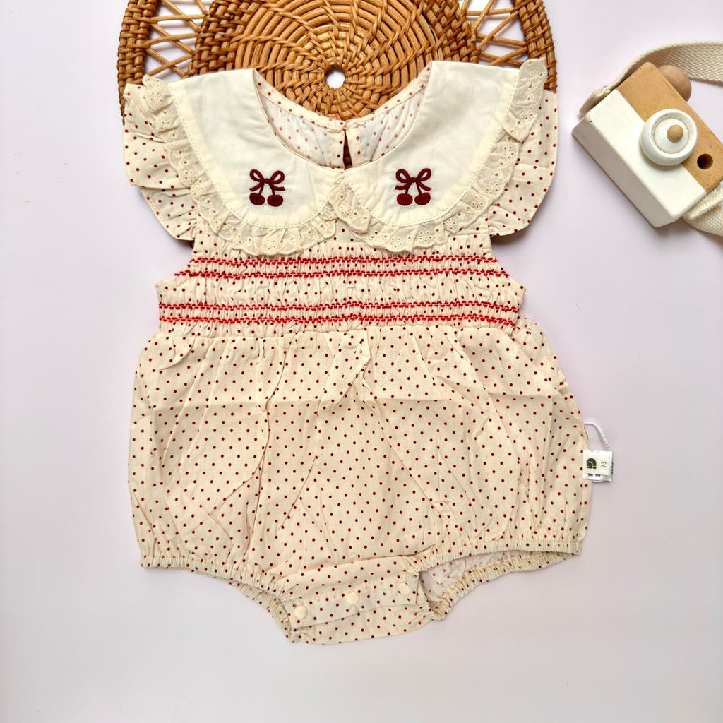 Cream Smocked Romper Set with Butterfly Embroidery