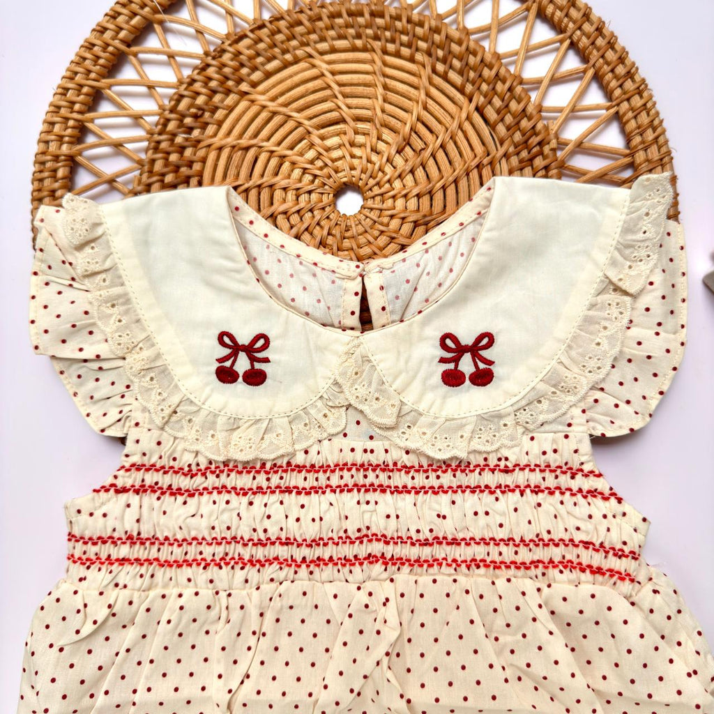 Cream Smocked Romper Set with Butterfly Embroidery