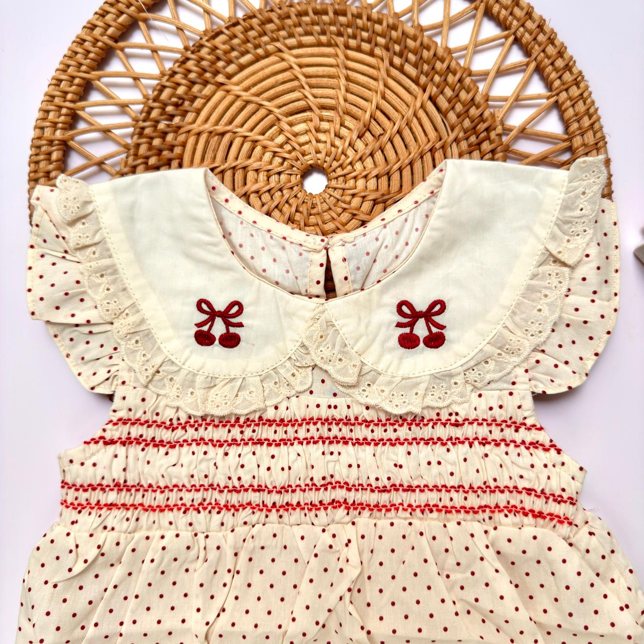 Cream Smocked Romper Set with Butterfly Embroidery