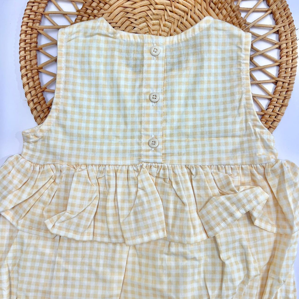 Yellow Gingham Bunting Print Romper with Scalloped Collar