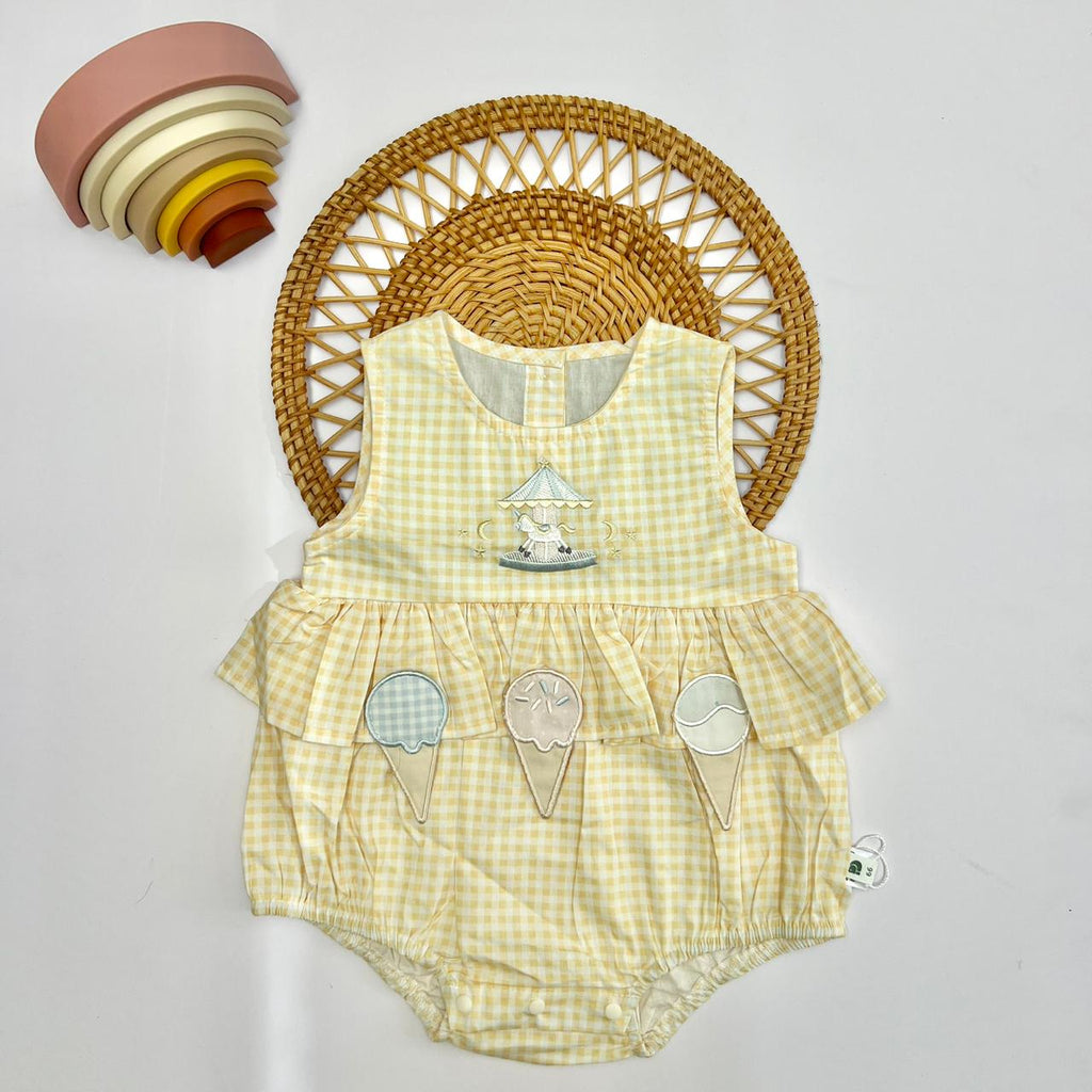 Yellow Gingham Bunting Print Romper with Scalloped Collar