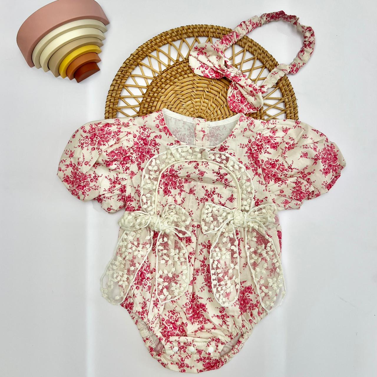 Pink Floral Ruffle Romper with Matching Headband