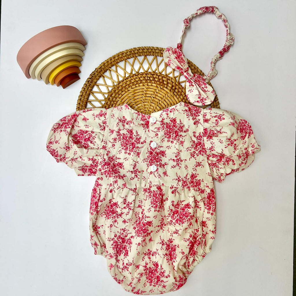 Pink Floral Ruffle Romper with Matching Headband