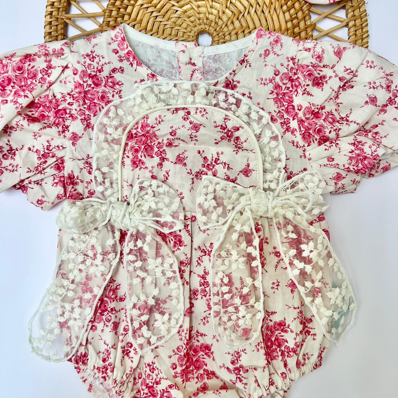 Pink Floral Ruffle Romper with Matching Headband