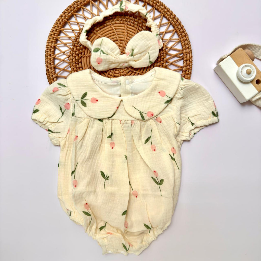 Ivory Floral Embroidered Romper with Bonnet